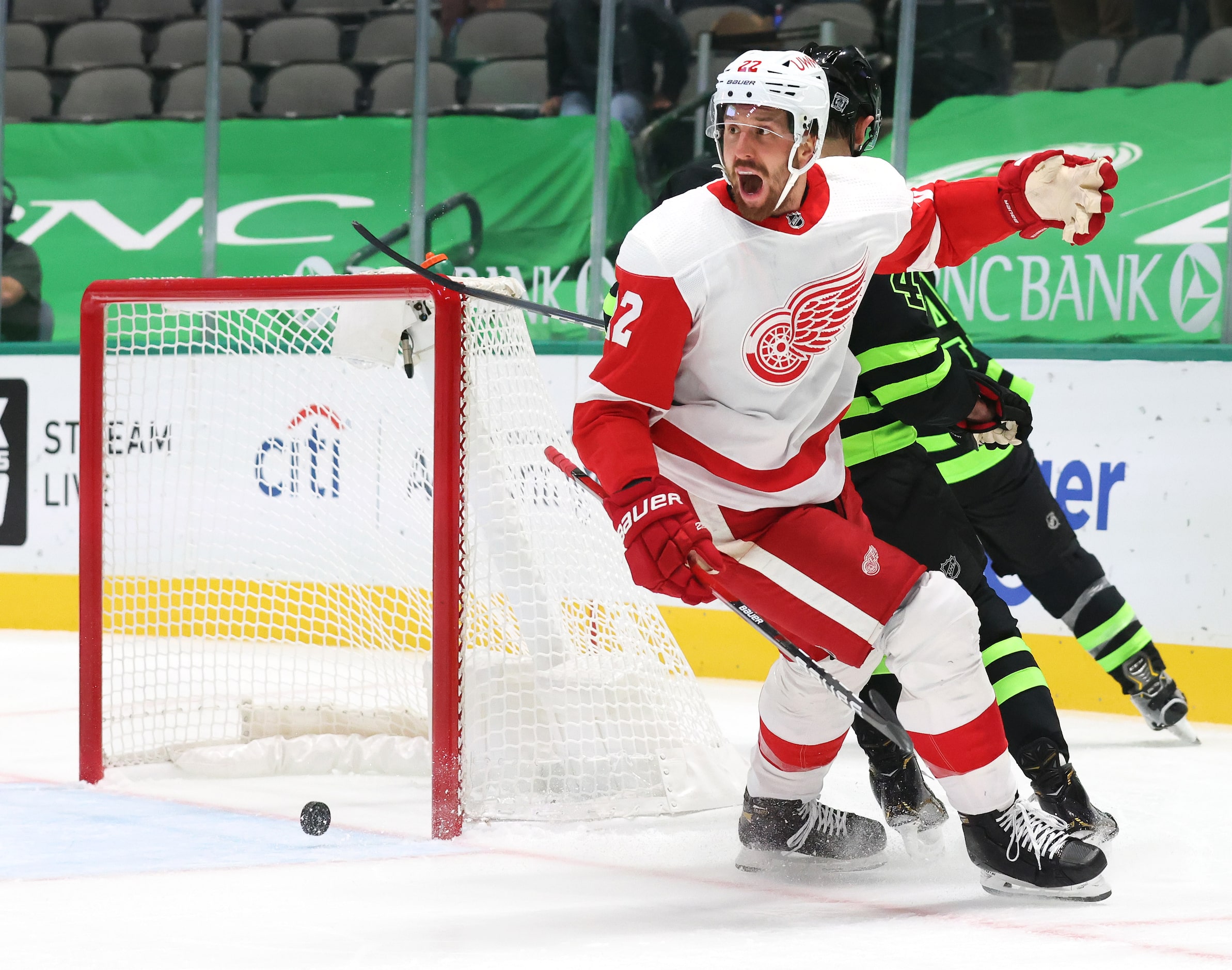 Detroit Red Wings defenseman Patrik Nemeth (22) reacts after Dallas Stars center Joe...