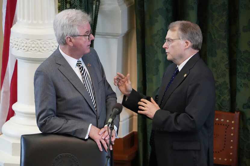 State Sen. Brian Birdwell, R-Granbury, right, talks to Texas Lt. Gov. Dan Patrick, in the...