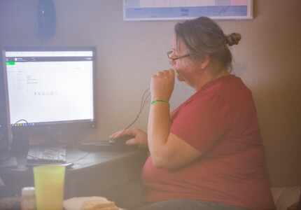 Elise Earnhart Bigony works from home on May 18, 2020, in Mesquite.