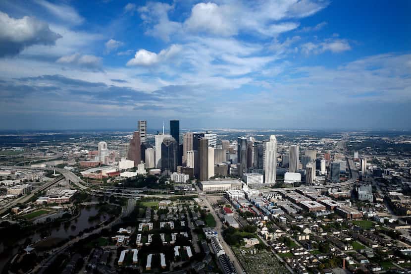 The west side of the downtown Houston skyline in August 2017.