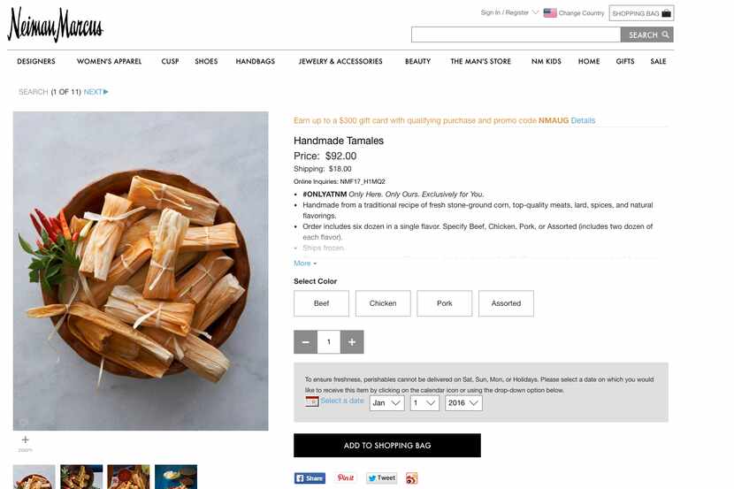 A screenshot of Neiman Marcus' website where the tamales are being sold.