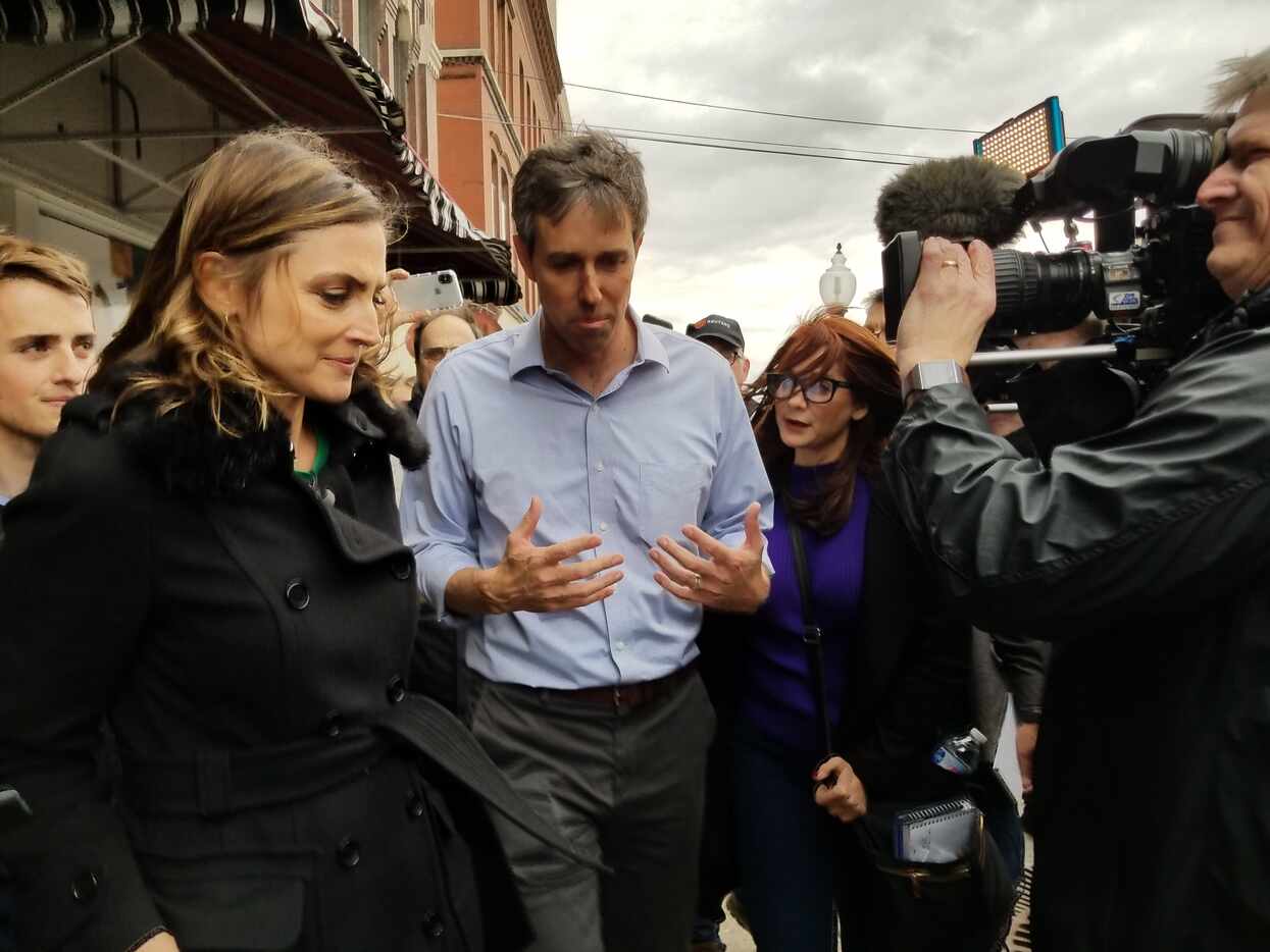 Beto O'Rourke was the focus of attention as he left a campaign stop in Burlington, Iowa, on...