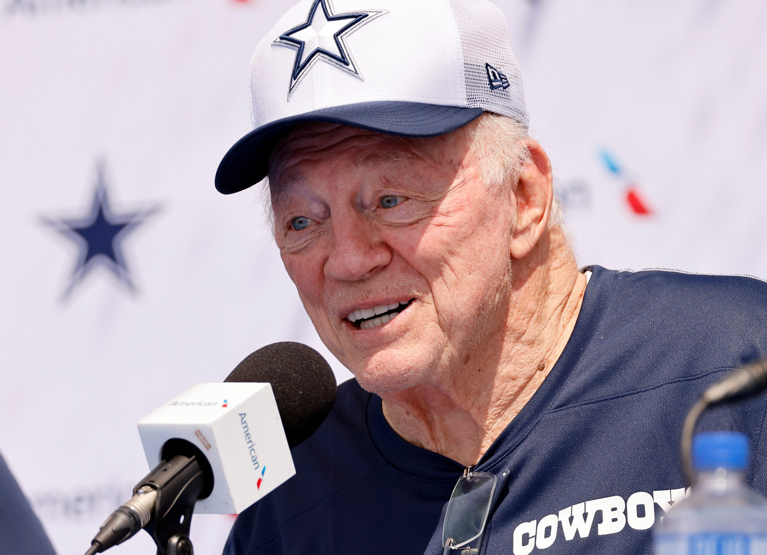 Dallas Cowboys owner Jerry Jones addresses questions from the media during his opening press...