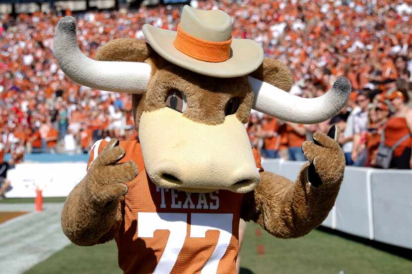 Texas mascot hook'em walks the sideline during the first half of an NCAA college football...