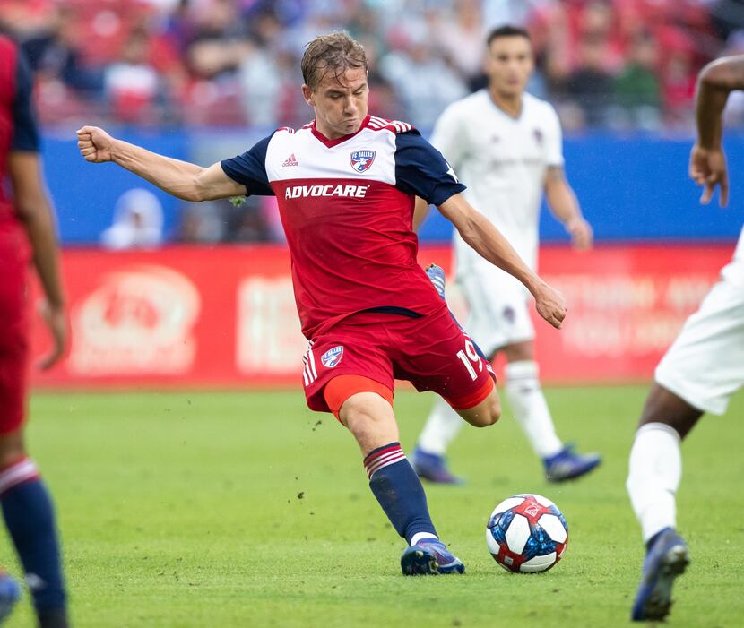 FRISCO, TX - MARCH 23: FC Dallas midfielder Paxton Pomykal (#19) takes a shot during the MLS...