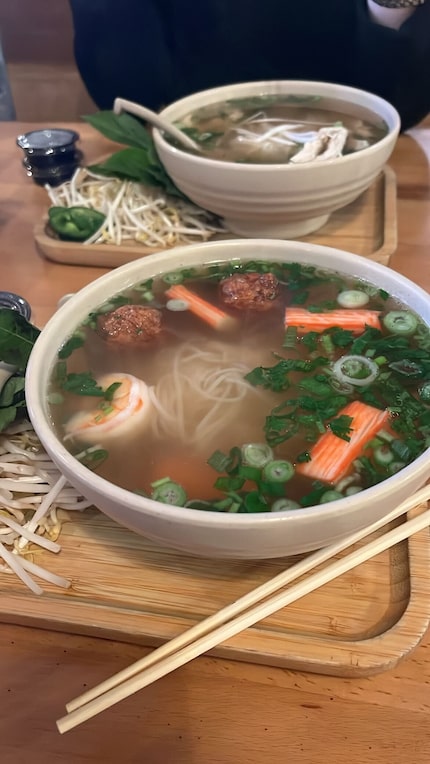 Seafood pho (front) and chicken pho (back) at Ngon Vietnamese Kitchen on Nov. 12, 2024.