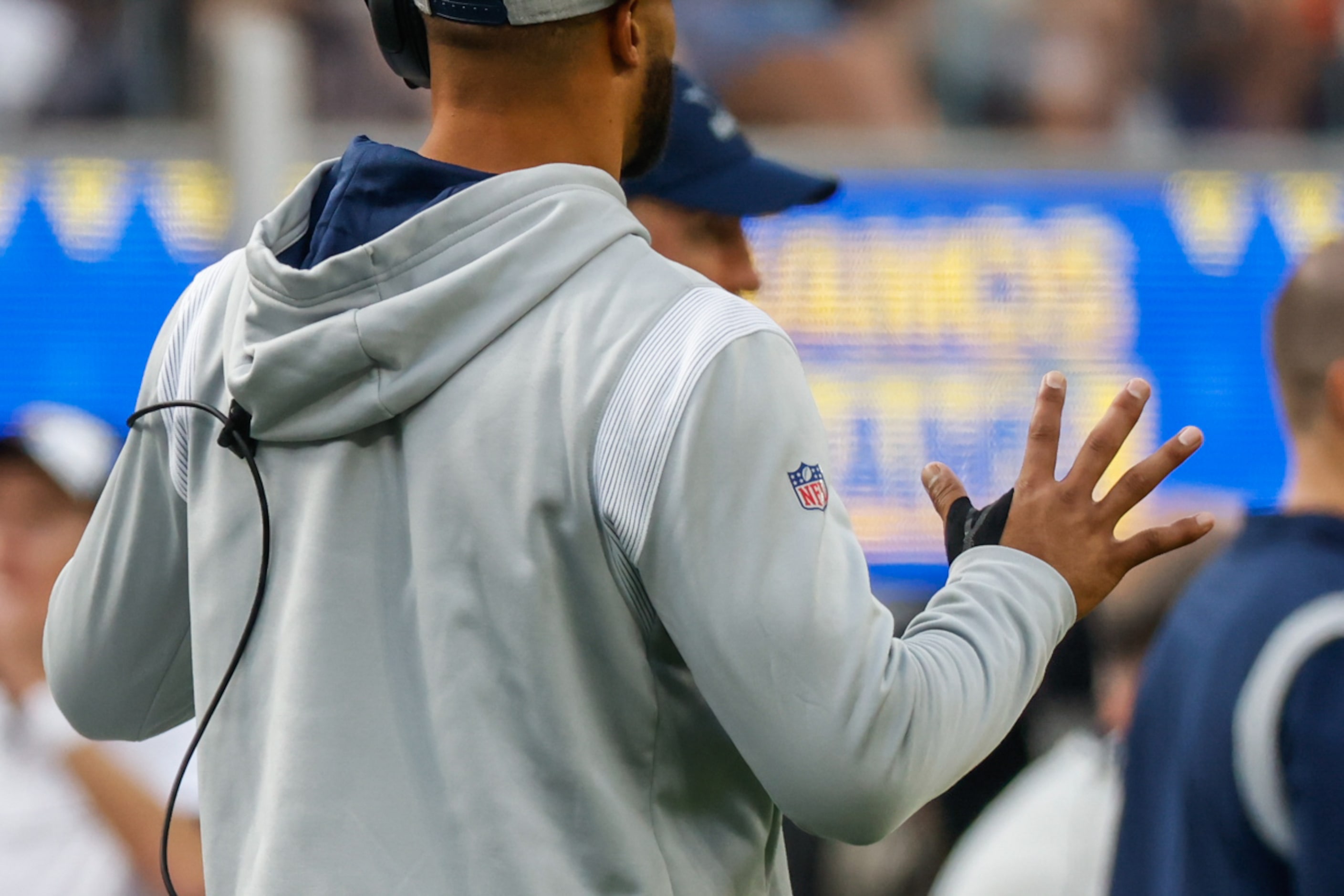 Dallas Cowboys quarterback Dak Prescott (4) on the sideline during the third quarter at the...