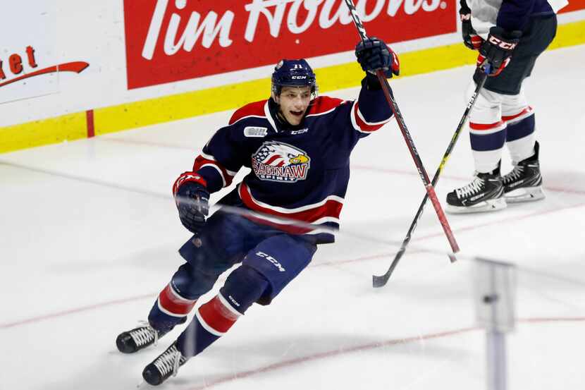 WINDSOR, ON - SEPTEMBER 27: Forward Nicholas Porco #71 of the Saginaw Spirit celebrates his...