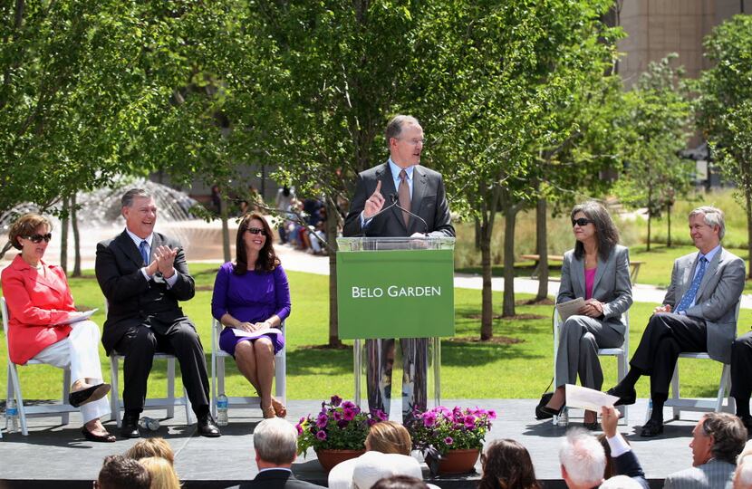 Robert W. Decherd spoke during the dedication ceremony of Belo Garden in downtown Dallas in...