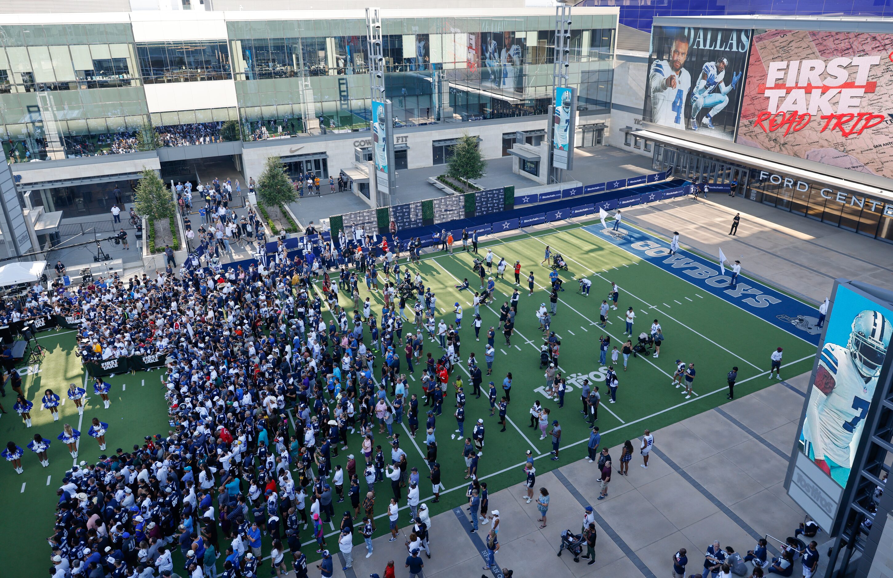 Dallas Cowboys fans gather during the recording of ESPN’s First Take in the Tostitos...