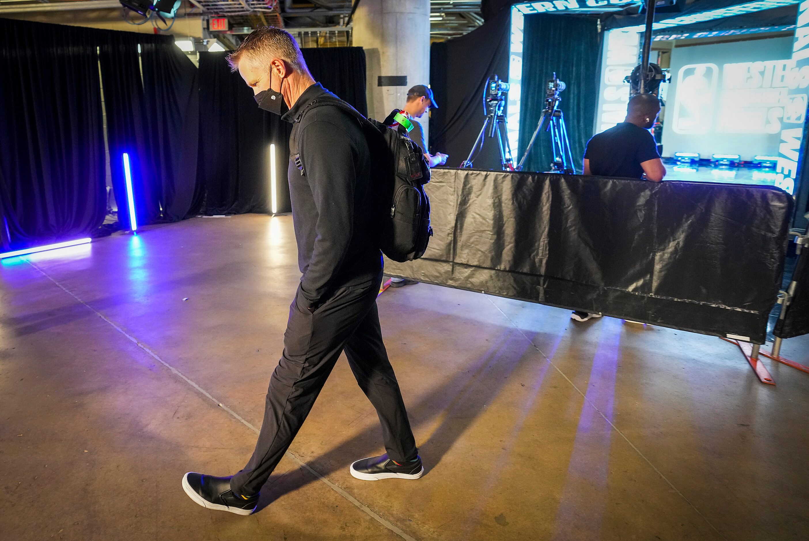 Golden State Warriors head coach Steve Kerr arrives at the arena before Game 3 of the NBA...