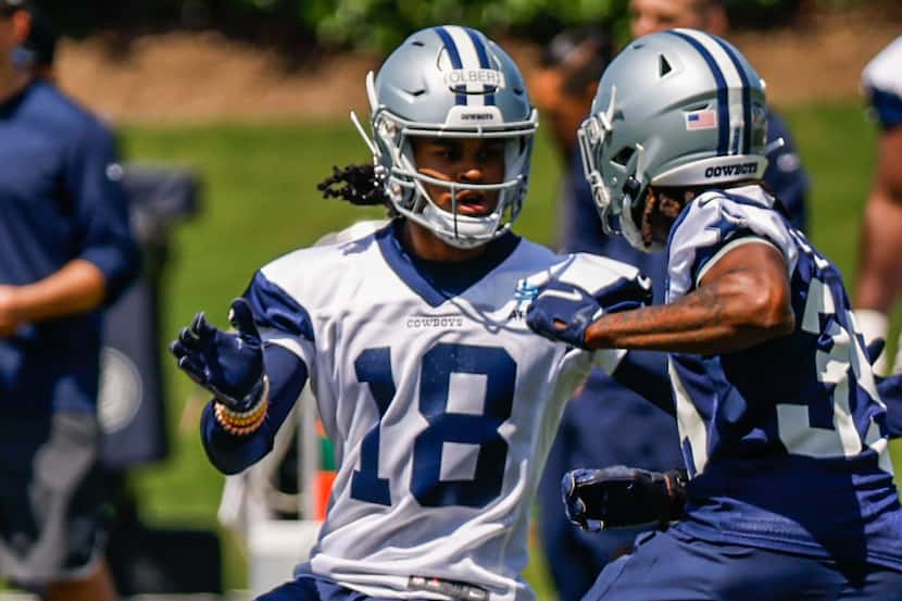 Dallas Cowboys wide receiver (18) Jalen Tolbert during a Cowboys rookie minicamp at The Star...
