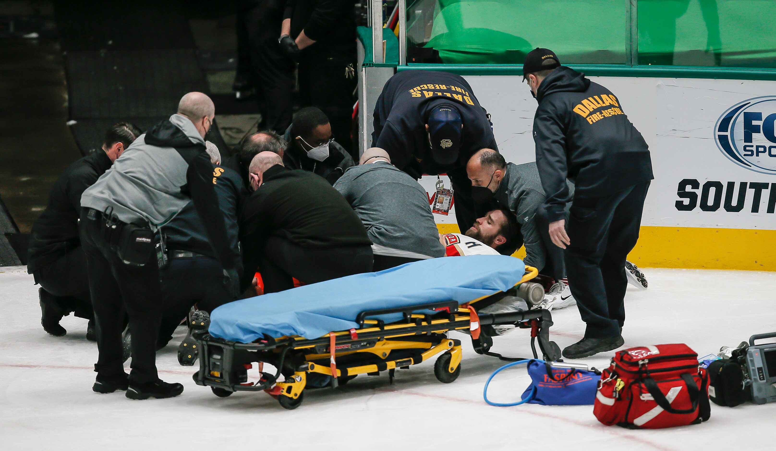 Florida Panthers defenseman Aaron Ekblad’s is stretchered off the ice after suffering a...