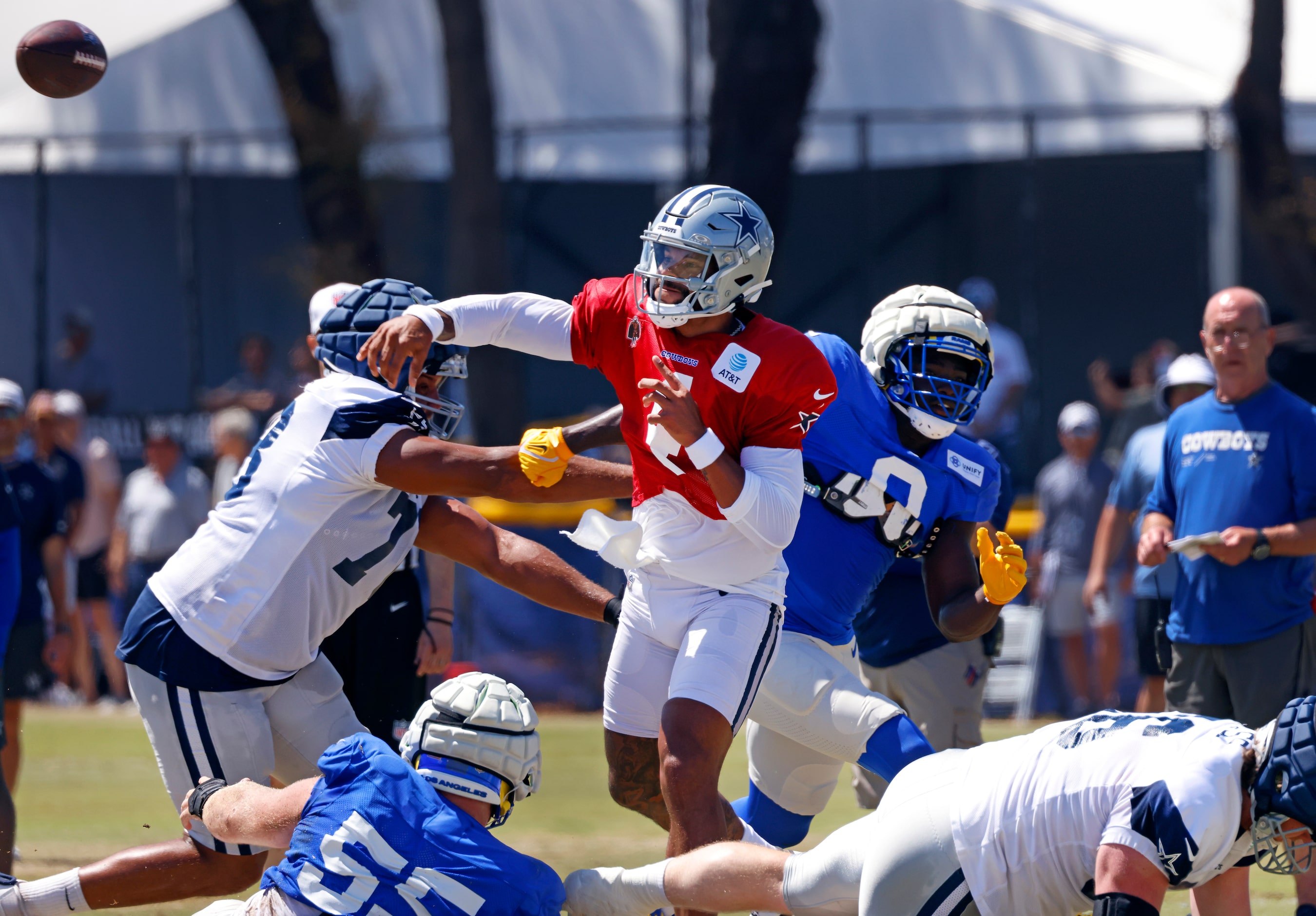 Dallas Cowboys quarterback Dak Prescott (4) fires a pass downfield against the Los Angeles...