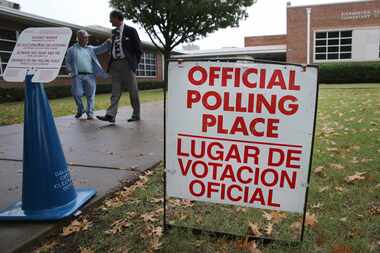 A sign marks a voting location at an elementary school during a 2013 election in Richardson....