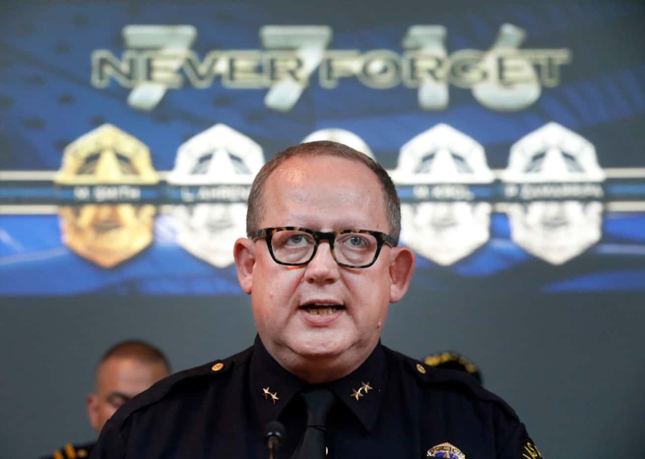 Dallas Police Assistant Chief Randal Blankenbaker answers questions during a July 7...
