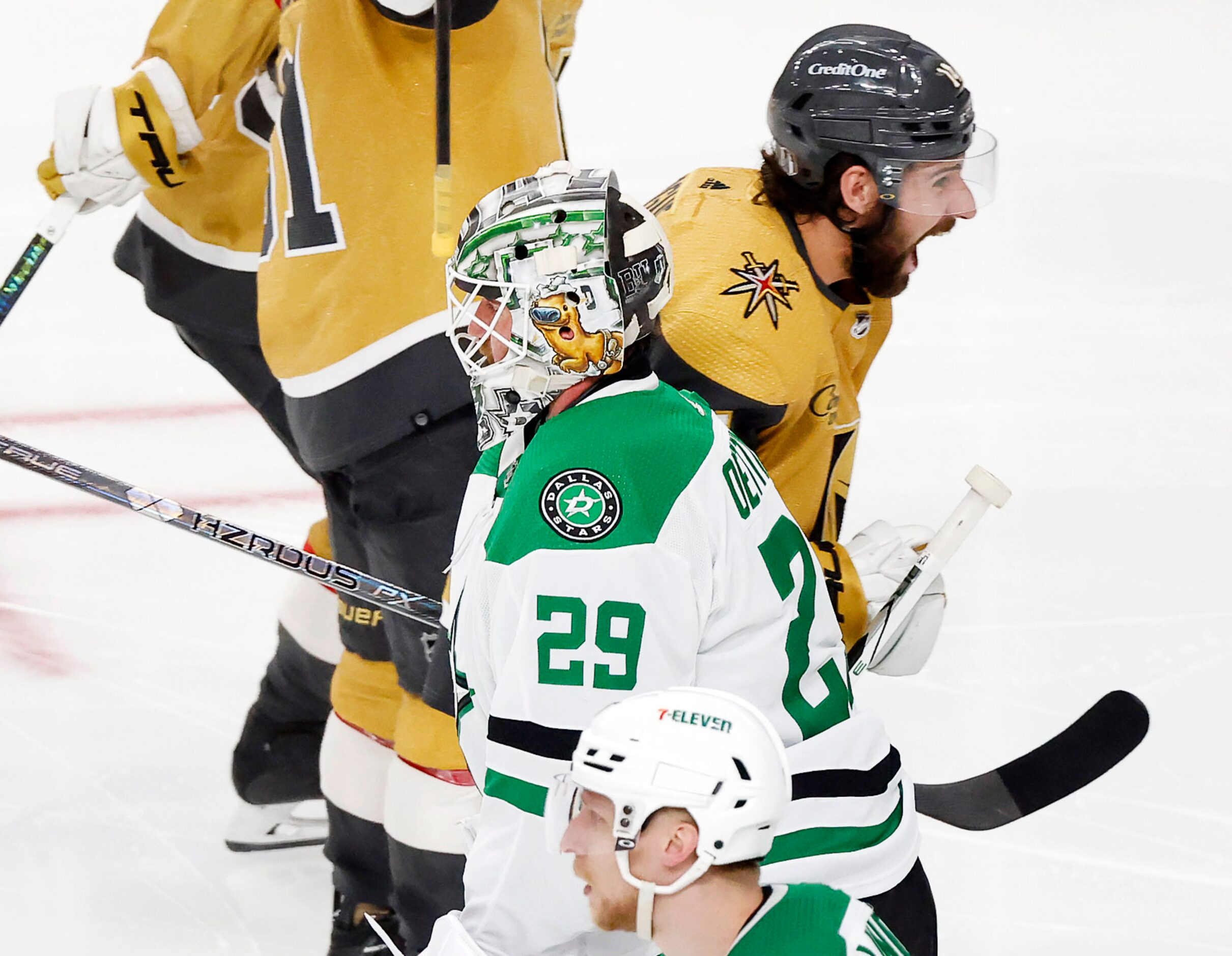 Vegas Golden Knights defenseman Nicolas Hague (14) and his teammates celebrates their...