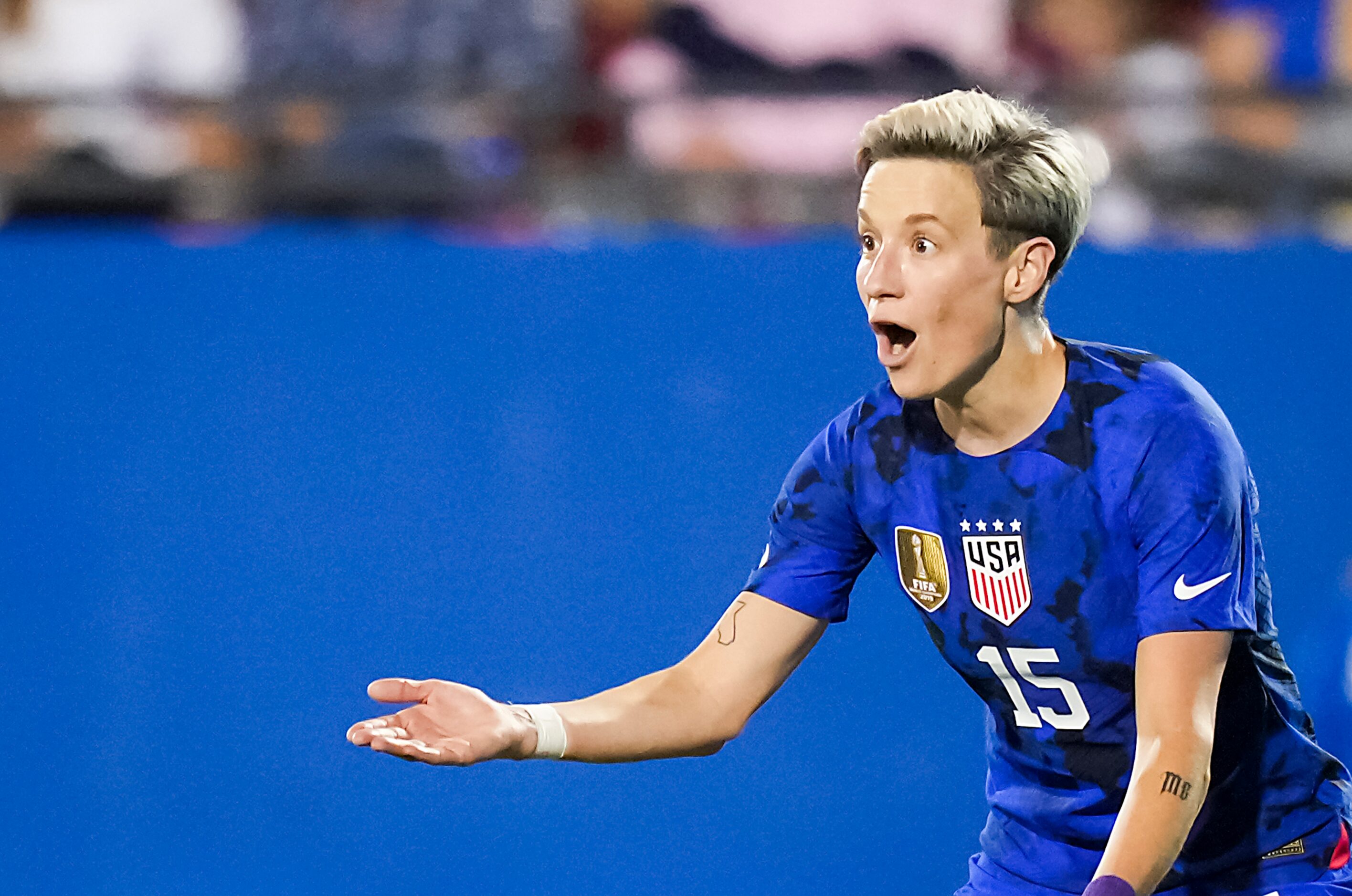 United States forward Megan Rapinoe (15) reacts to a call during the second half of the 2023...