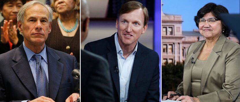 From left: Texas Gov. Greg Abbott and Democratic runoff candidates Andrew White and Lupe...