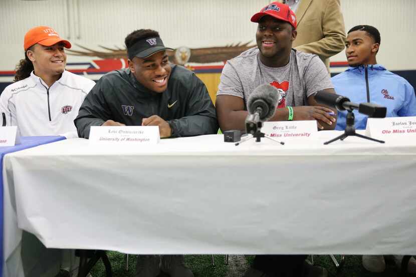 Allen football players Sione Tupou (from left), Levi Onwuzurike, Greg Little and Jaylon...