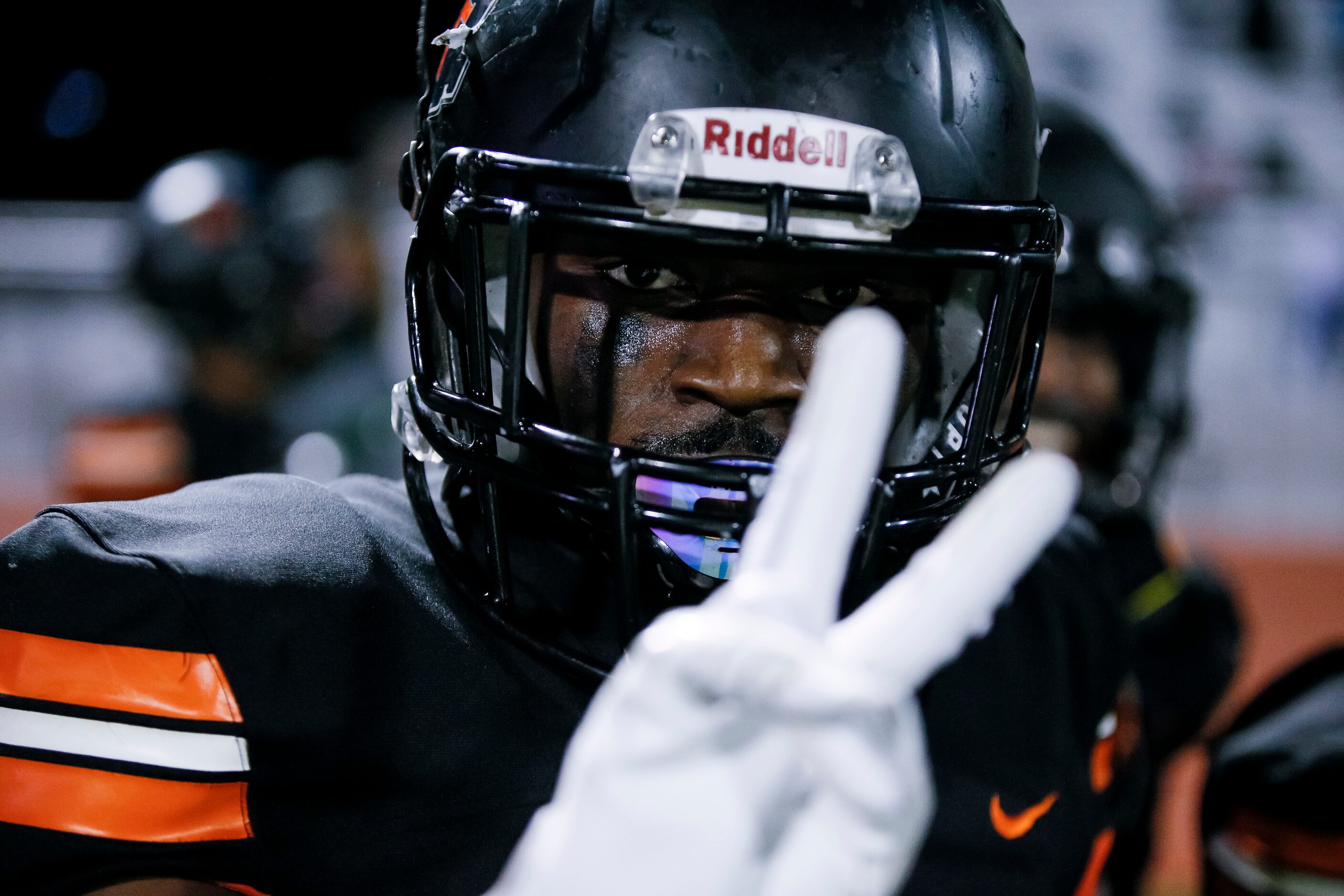 Lancaster senior defensive back Davion Hodge (2) celebrates returning a blocked field goal...