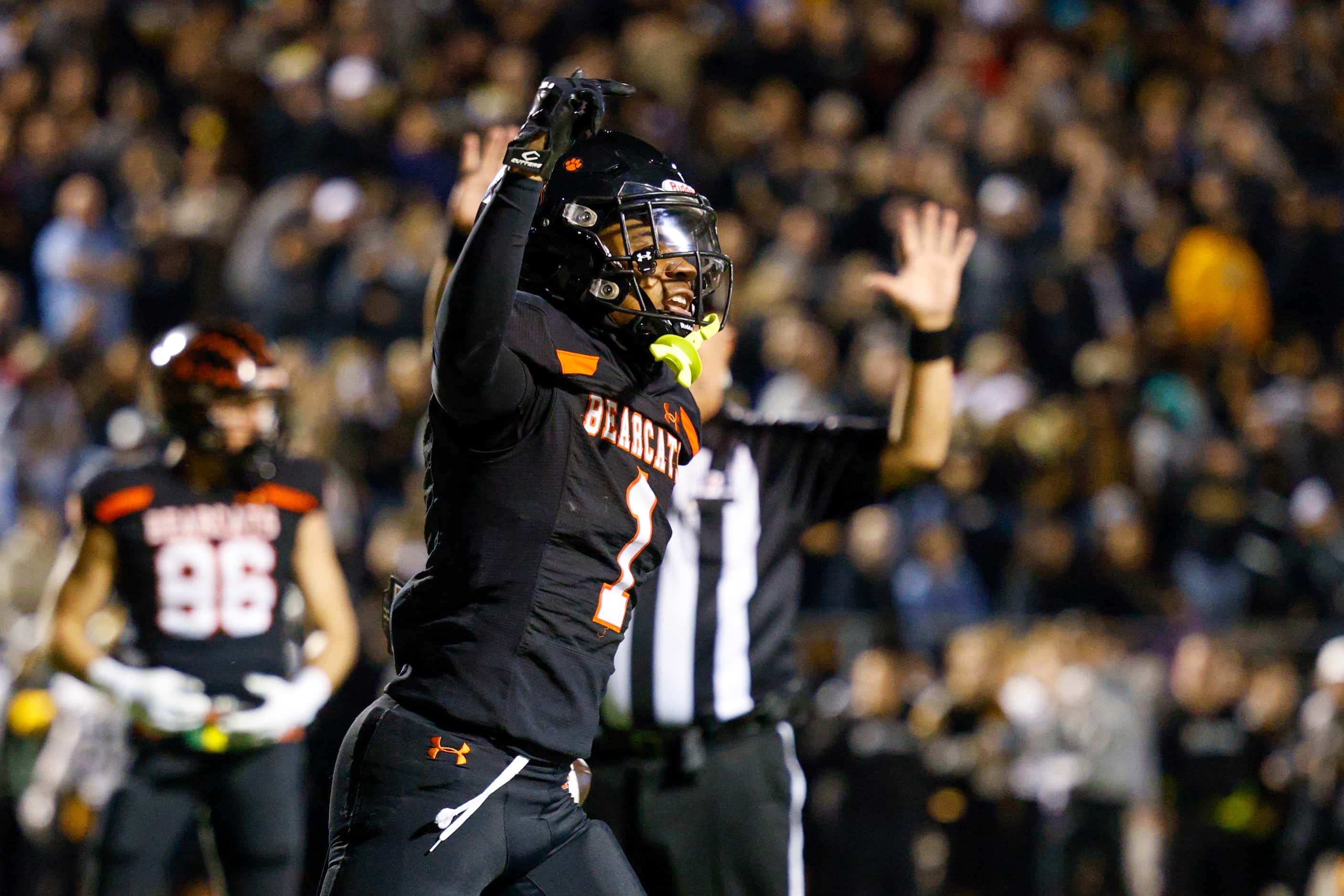 Aledo running back Hawk Patrick-Daniels (1) celebrates after scoring a touchdown during the...