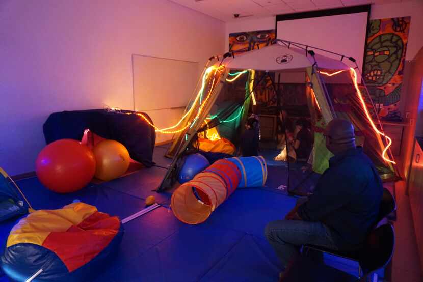 The sensory room is a quiet place for children to go if they are overwhelmed by the...