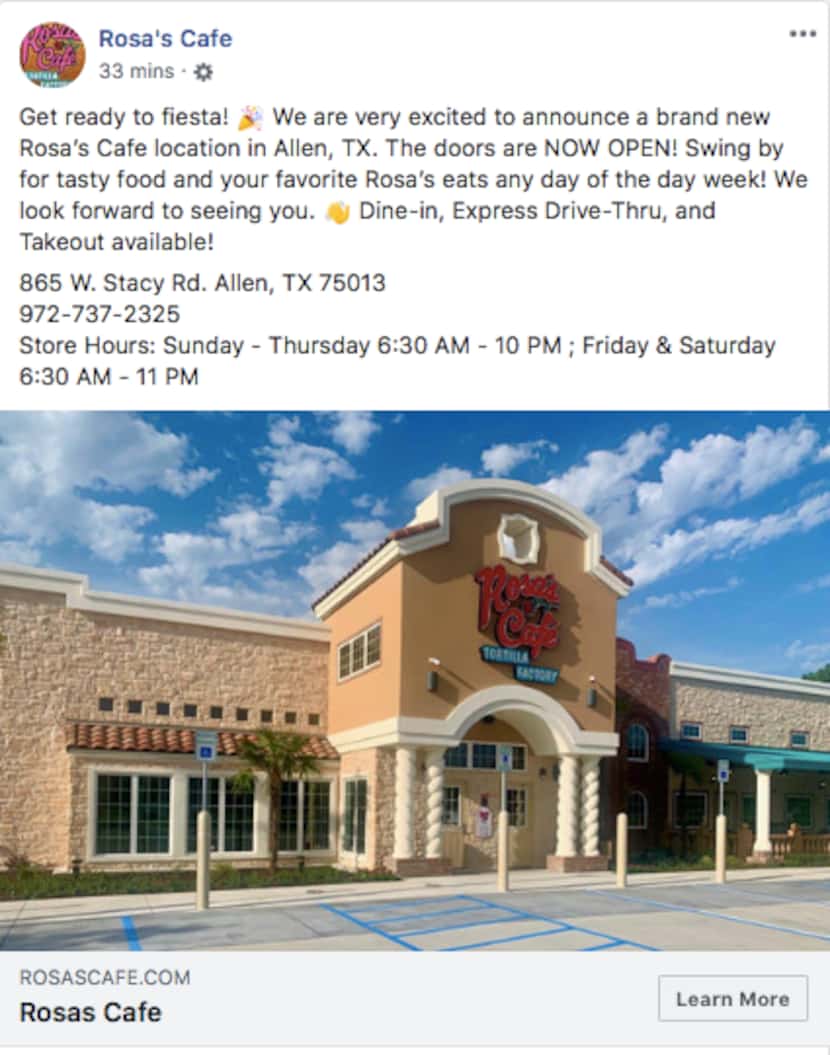 Rosa's Cafe and Tortilla Factory opened its newest location in Allen on Monday.