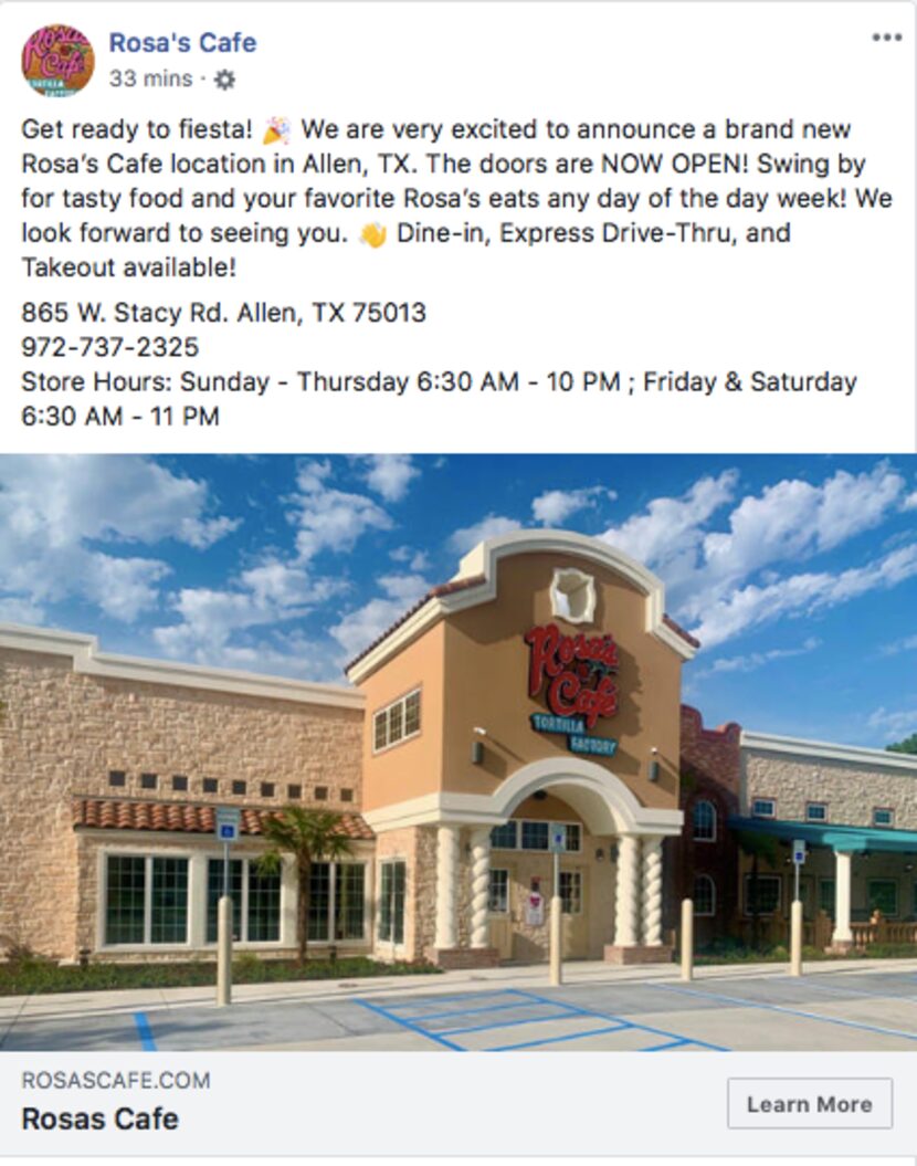 Rosa's Cafe and Tortilla Factory opened its newest location in Allen on Monday.