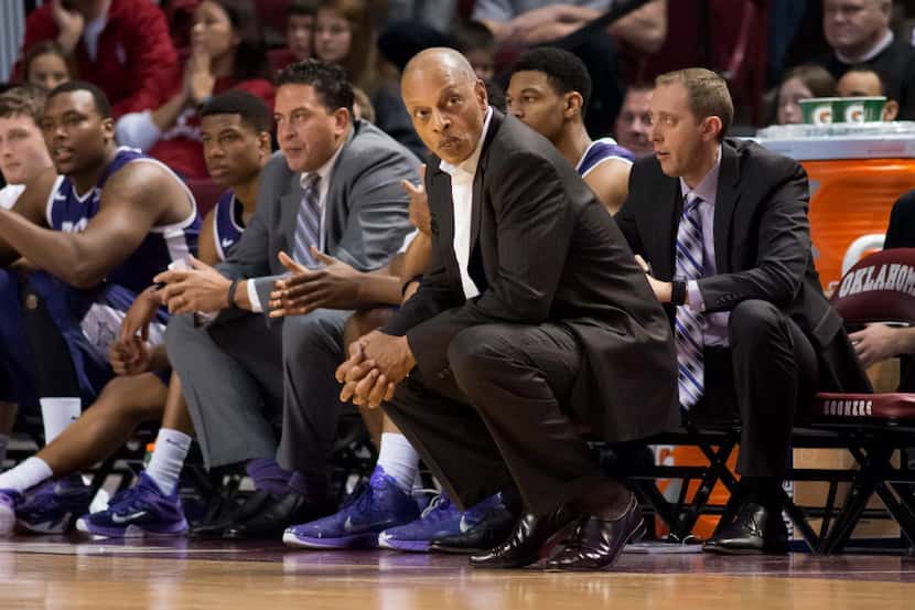 Feb 28, 2015; Norman, OK, USA; TCU Horned Frogs head coach Trent Johnson reacts to a play...