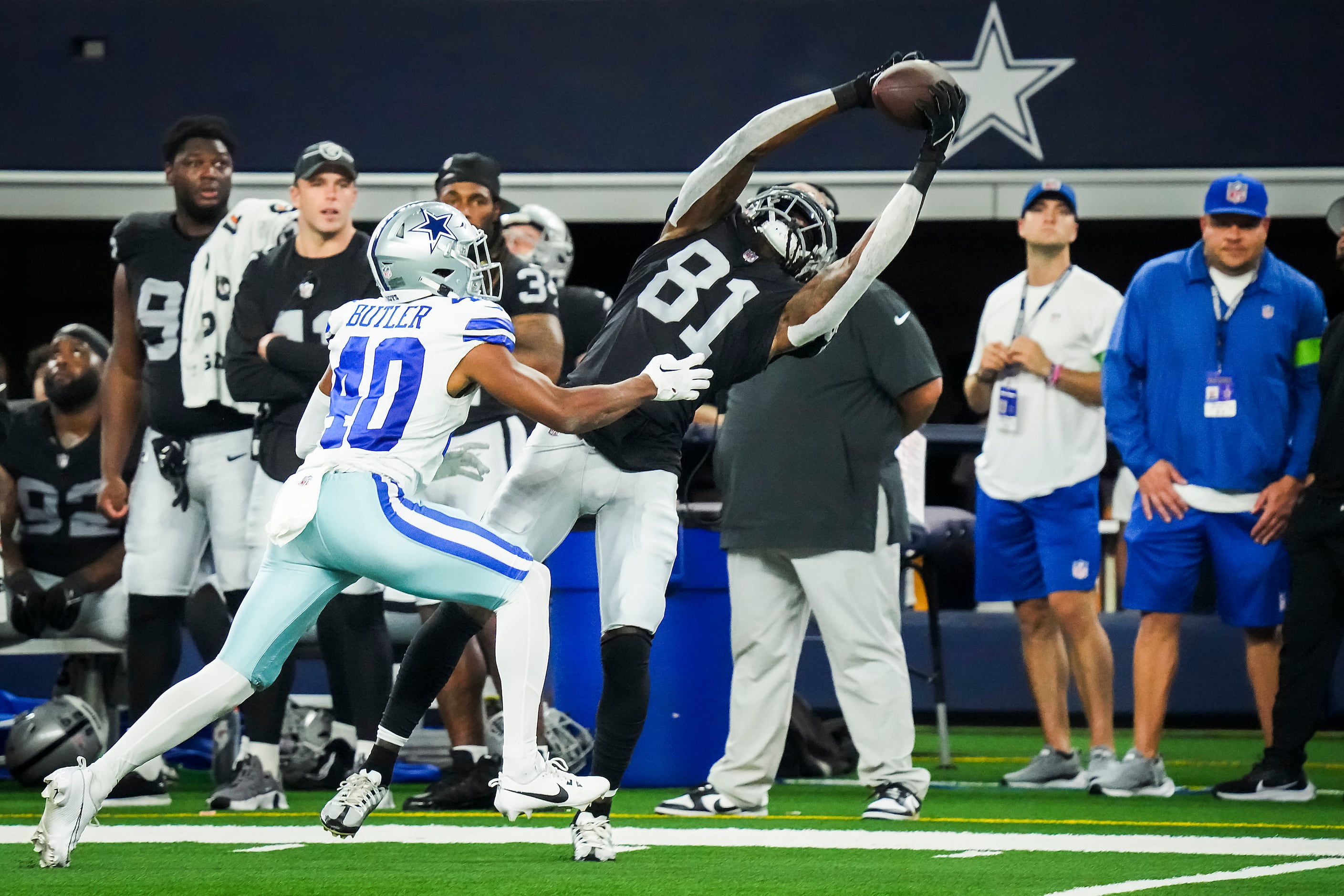 Arlington, United States. 26th Aug, 2023. Dallas Cowboys quarterback Will  Grier (15) is tackled by Las Vegas Raiders linebacker Luke Masterson (59)  during a NFL preseason season game between the Las Vegas