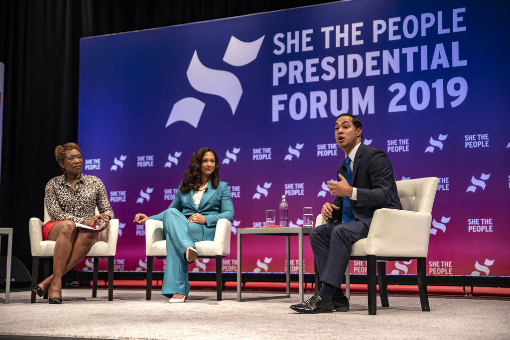 Democratic presidential candidate Julian Castro speaks to a crowd at the She The People...