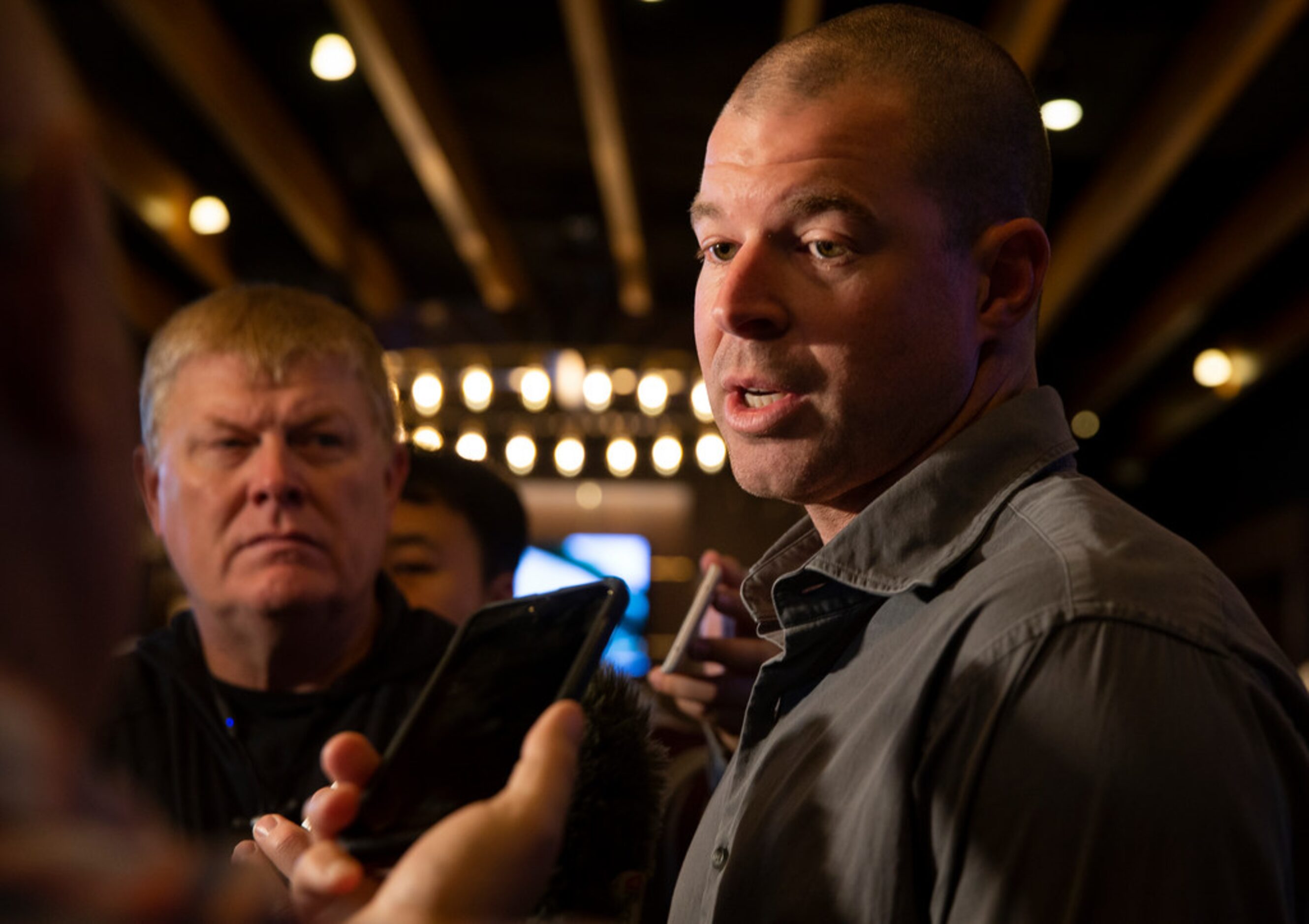 New Texas Rangers pitcher Corey Kluber answers media questions during the Rangers' Peek at...