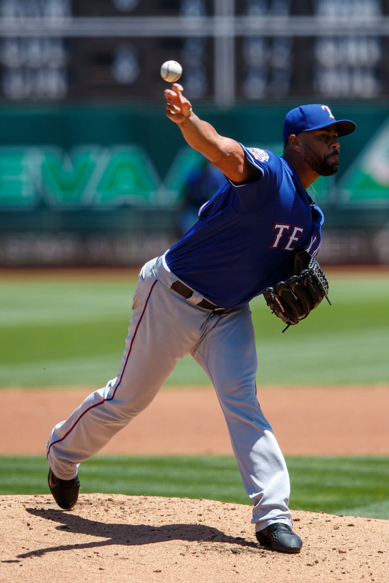 OAKLAND, CA - JULY 28:  Pedro Payano #51 of the Texas Rangers pitches against the Oakland...