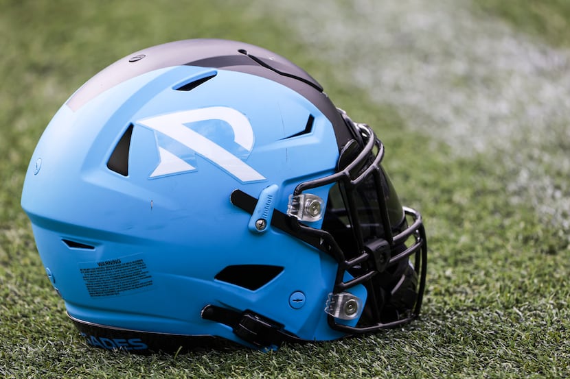 An Arlington Renegades helmet sits on the field at Choctaw Stadium, Friday, Feb. 10, 2023,...