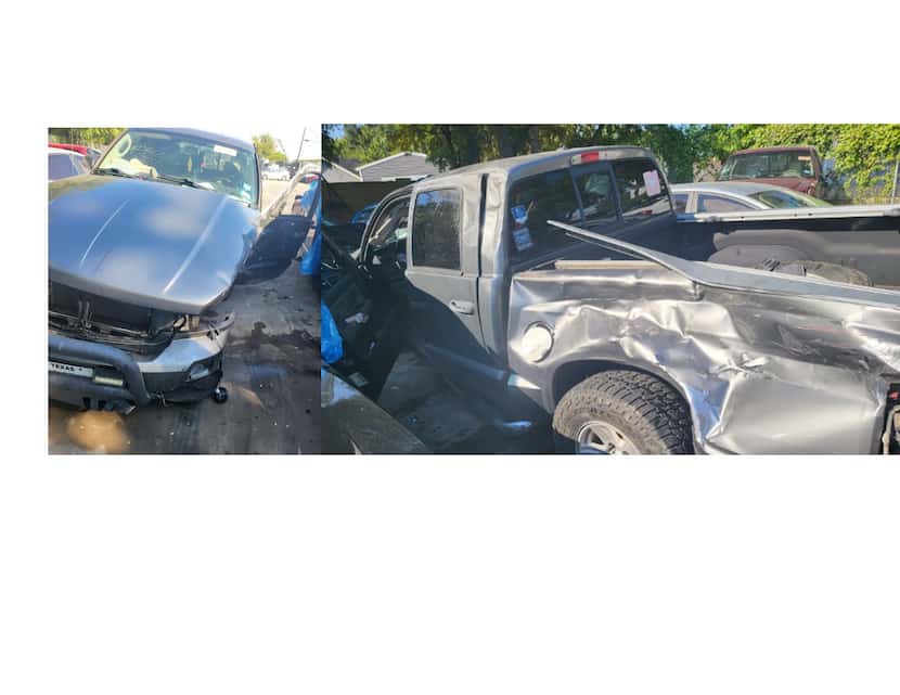 Two photos showing damages to Stephen Dorfman's truck, which was totaled after it was struck...