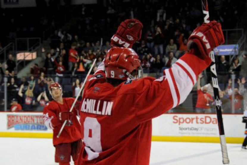 Brian McMillin celebrates the Americans' victory over the Missouri Mavericks in Game 7 on...
