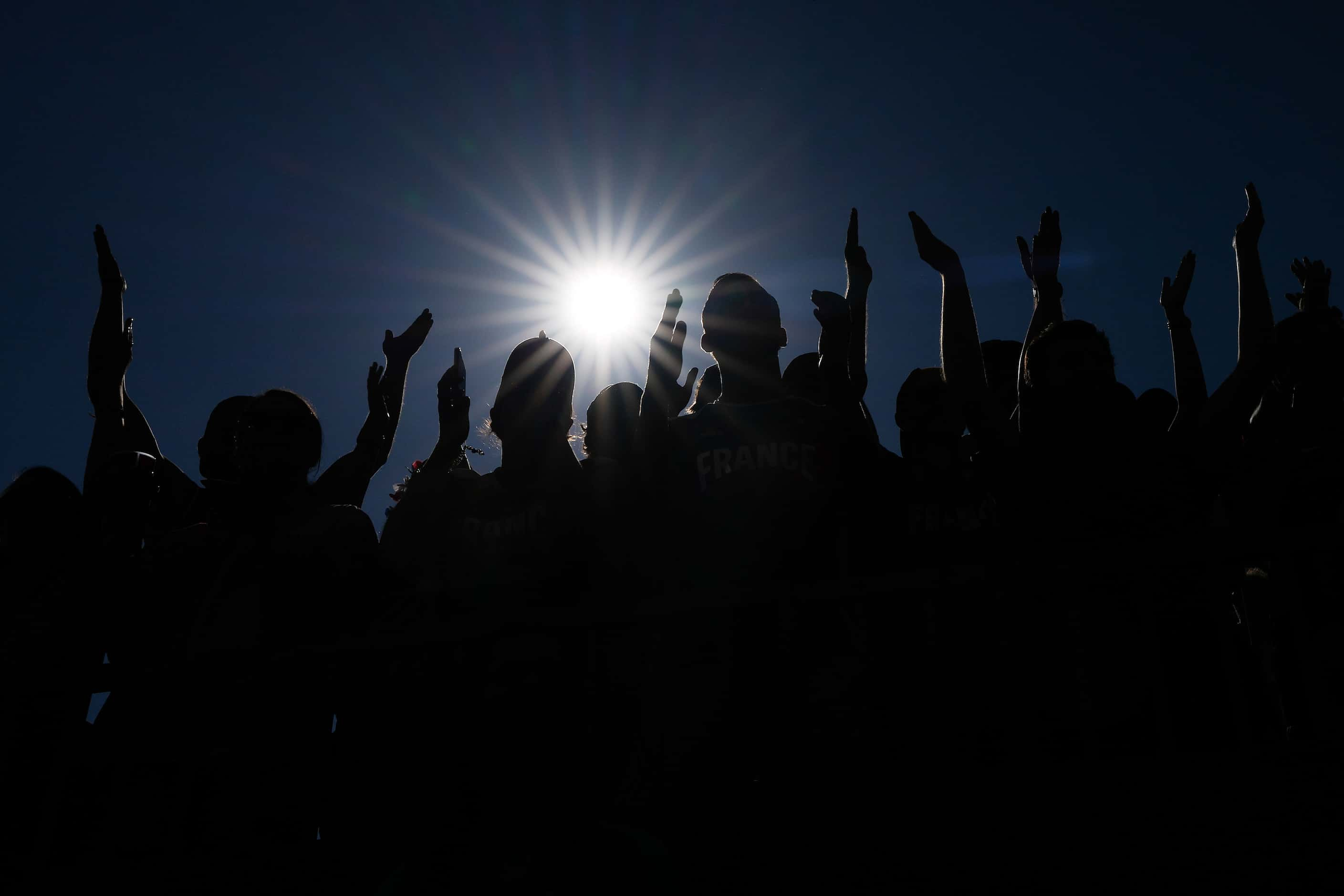 Fans cheer during a women’s 3x3 basketball semifinal between the United States and Spain at...