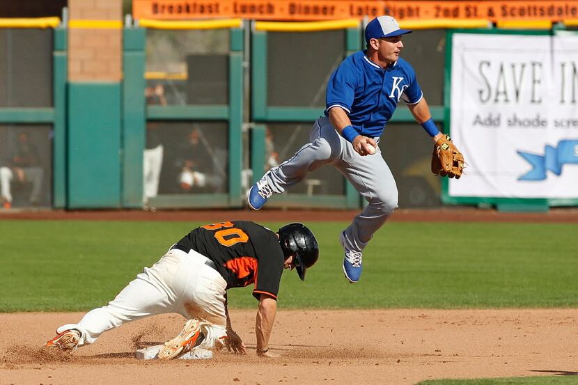 SCOTTSDALE, AZ - MARCH 23: Ryan Lollis #80 of the San Francisco Giants is forced out at...