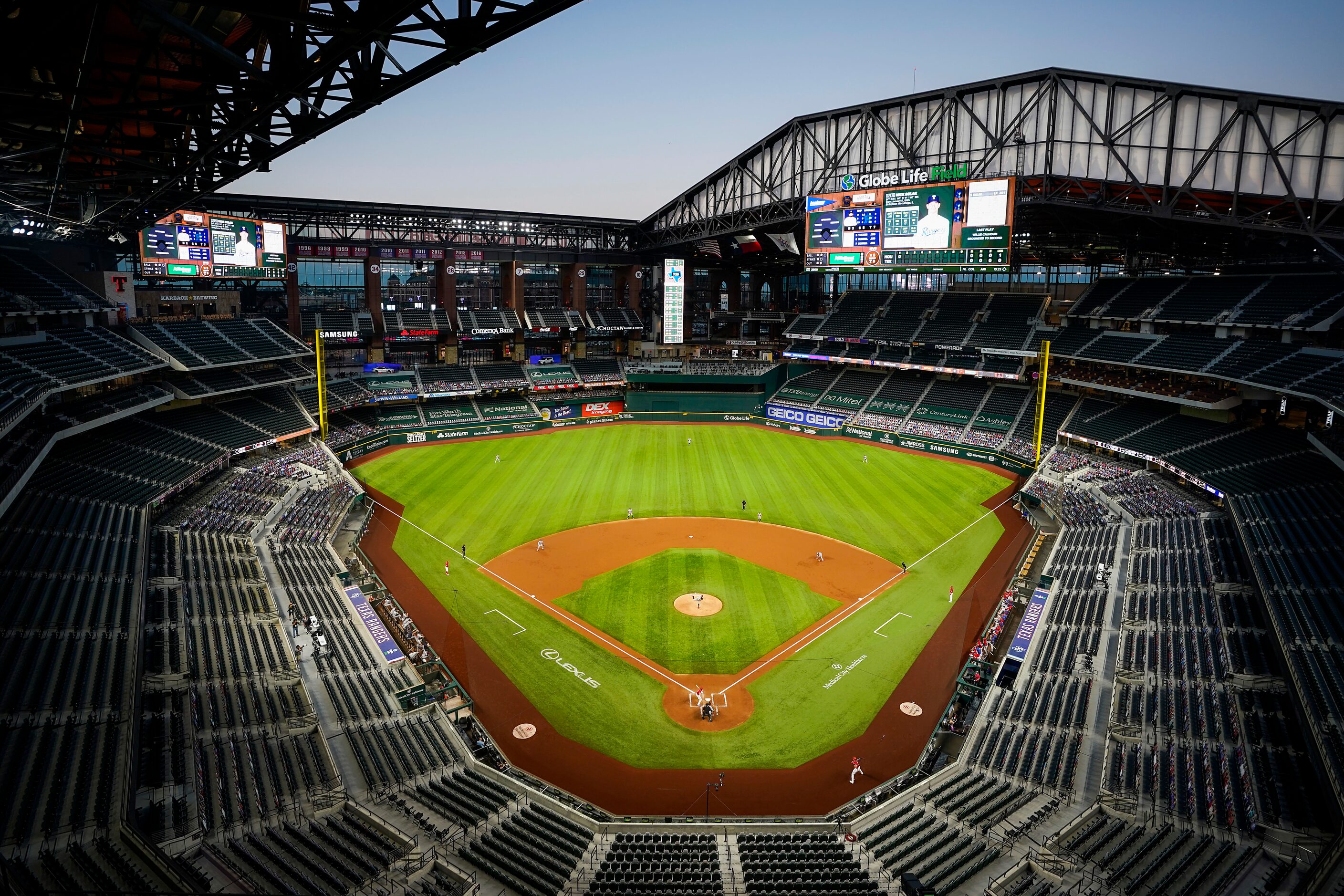 An overall view of the stadium with the roof as the Texas Rangers host the Houston Astros...