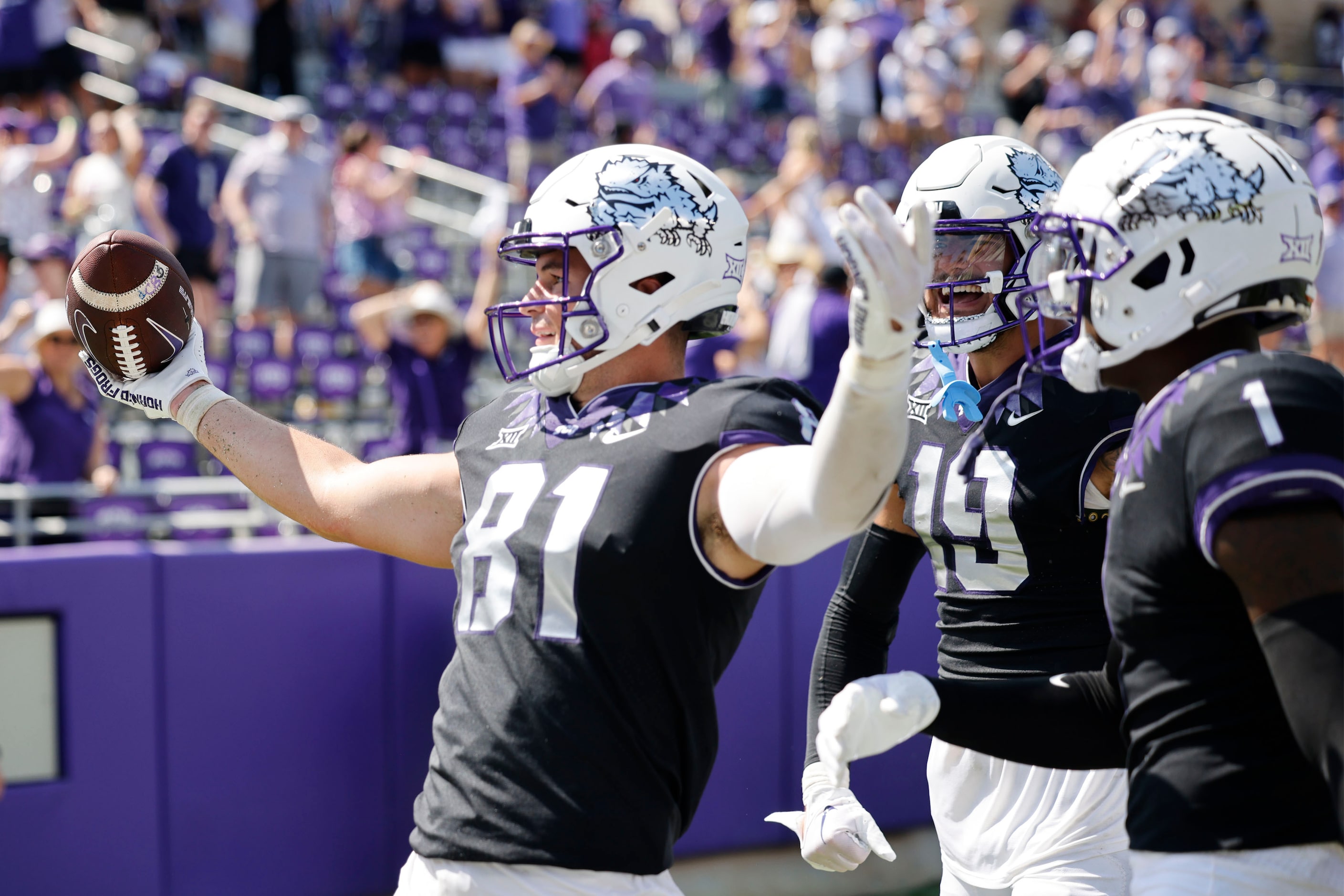 TCU Horned Frogs tight end Chase Curtis (81) celebrates his touchdown with his teammates...