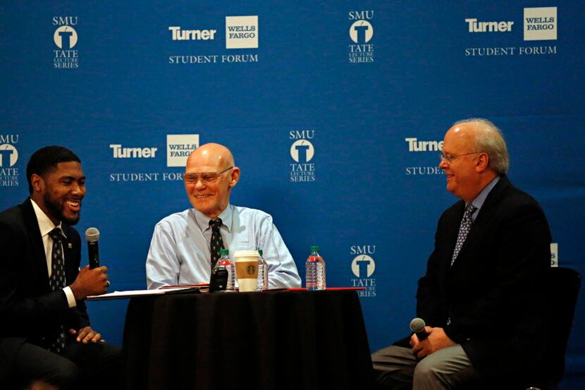  D'Marquis Allen (left) moderates a discussion between political strategists James Carville...