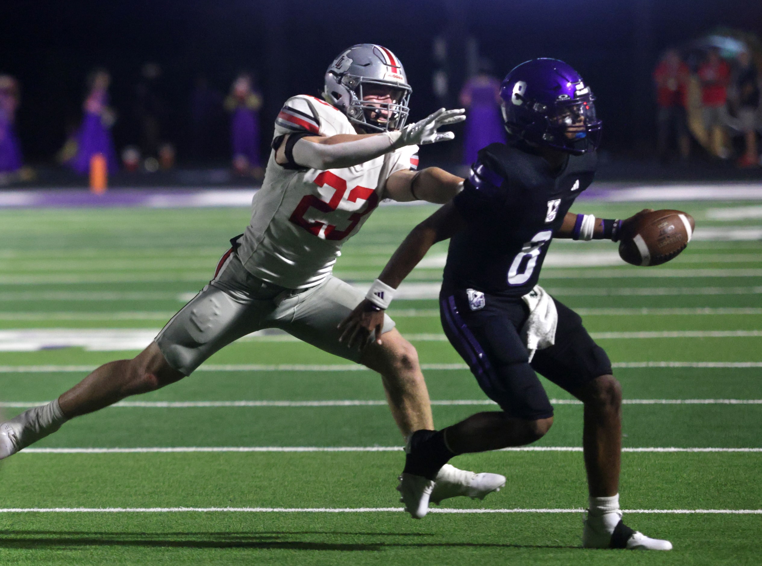 Lovejoy player #23 Owen Magee tries to take down Anna player #8 Ziondre Williams during the...