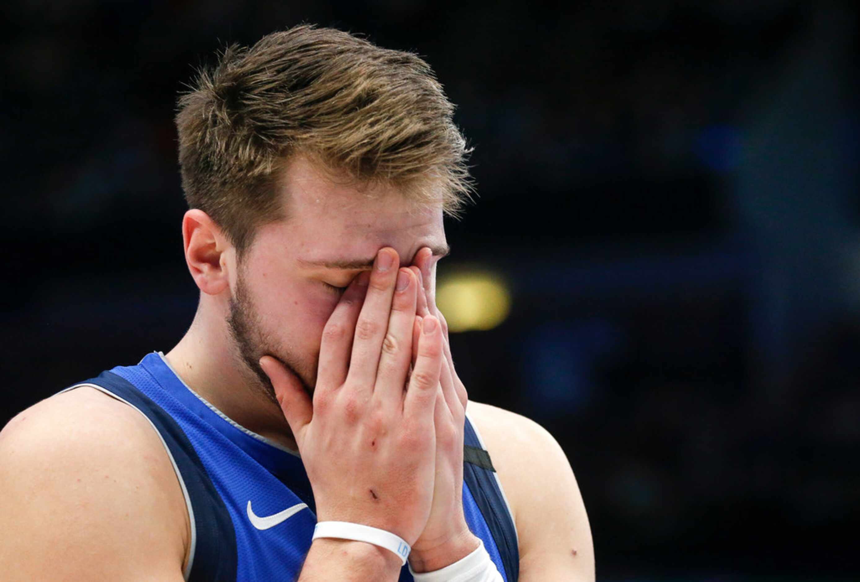 Dallas Mavericks forward Luka Doncic (77) reacts to an official's call during the second...