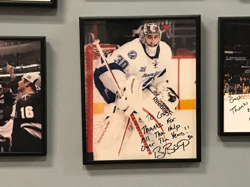 An autographed photo of Ben Bishop hangs on a wall of Elevated Performance in St. Louis....