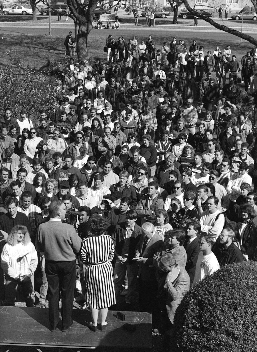 Students from Southwestern Baptist Theological Seminary listen to fired president Russell...