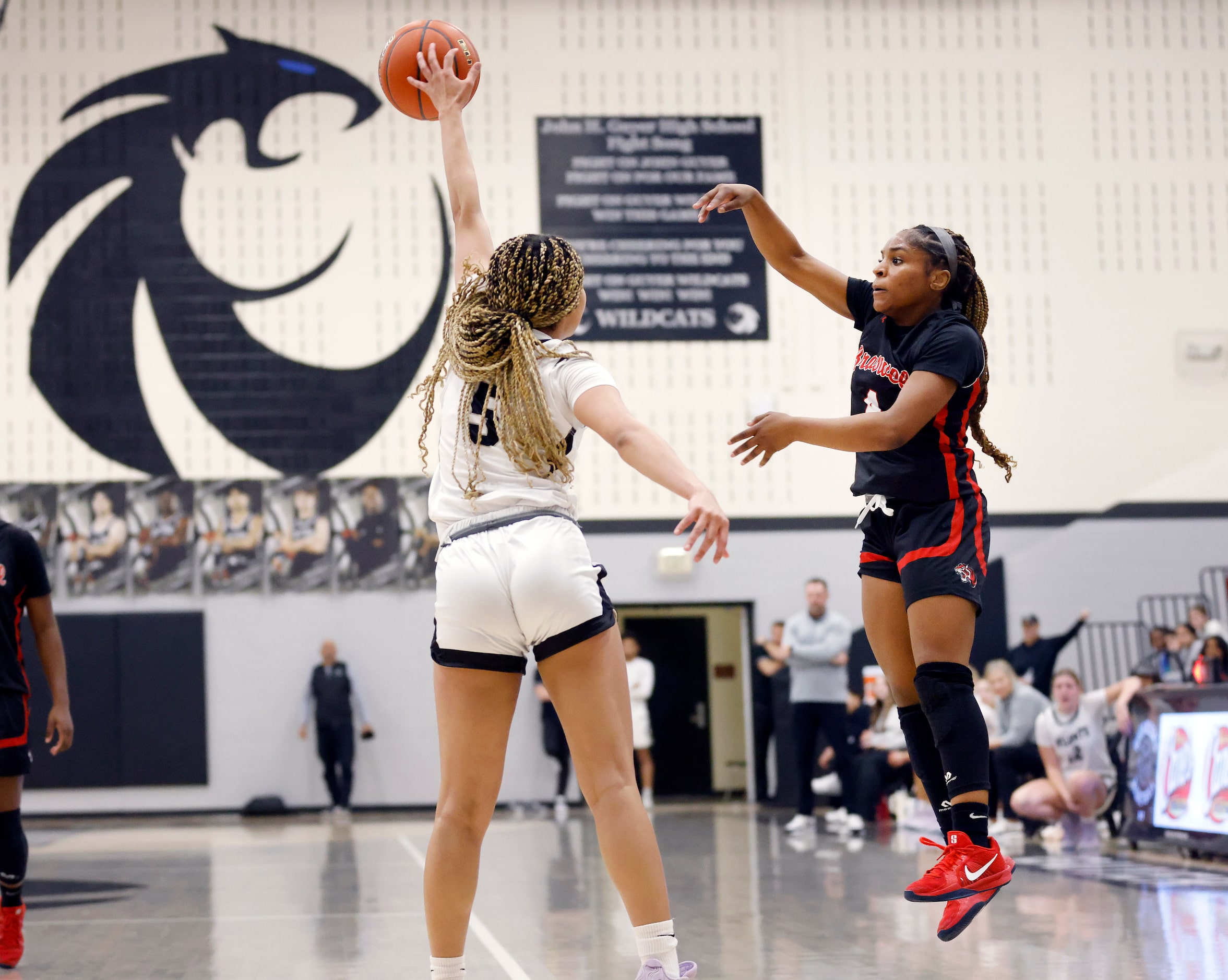 Denton Guyer guard Amaya Langford (5) blocks a pass by Denton Braswell point guard Hannah...