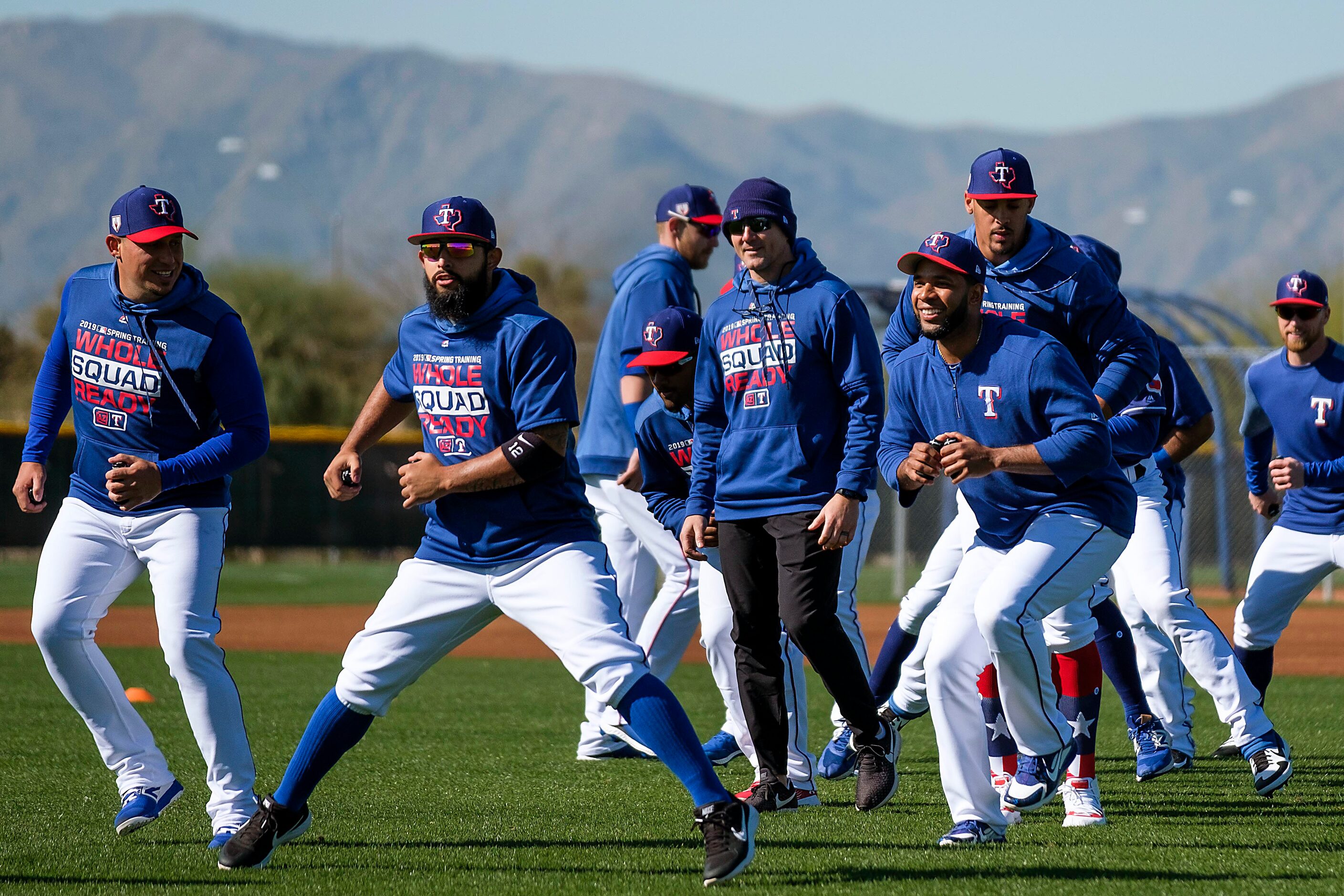 Texas Rangers third baseman Asdrubal Cabrera (from left), second baseman Rougned Odor,...