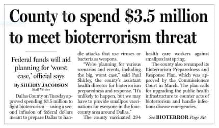 "County to spend $3.5 million to meet bioterrorism threat Federal funds will aid planning...