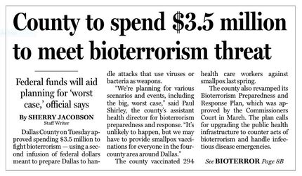 "County to spend $3.5 million to meet bioterrorism threat Federal funds will aid planning...